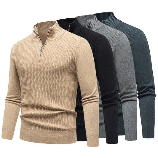 Camisa Masculina de Manga Longa Tricotada com Flor Torcida e Gola com Meio Zíper