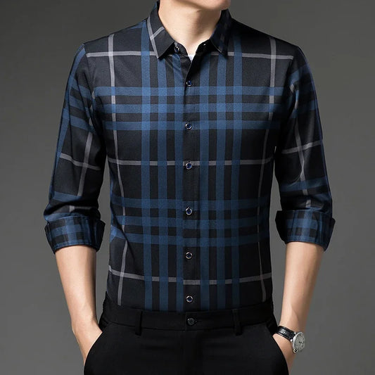 Nova Camisa Masculina Casual de Manga Longa com Estampa e Gola para Primavera e Outono