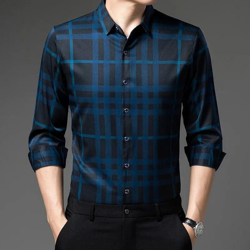 Nova Camisa Masculina Casual de Manga Longa com Estampa e Gola para Primavera e Outono