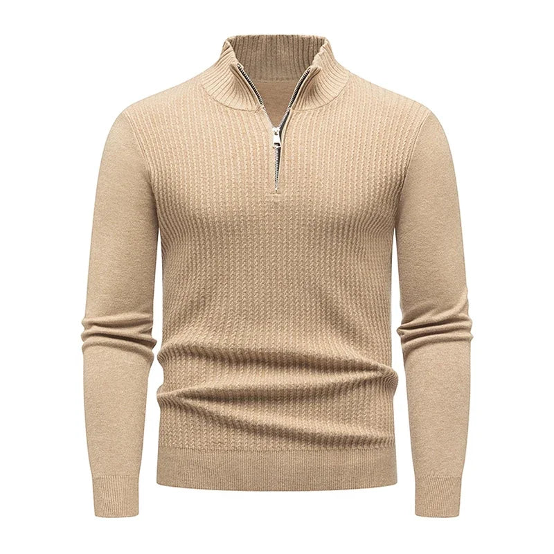 Camisa Masculina de Manga Longa Tricotada com Flor Torcida e Gola com Meio Zíper