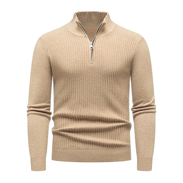 Camisa Masculina de Manga Longa Tricotada com Flor Torcida e Gola com Meio Zíper